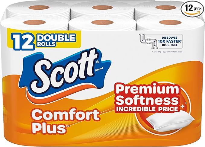 Scott ComfortPlus Toilet Paper, 12 Double Rolls, 231 Sheets per Roll, 1-Ply Toilet Tissue