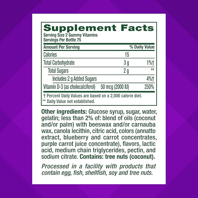 vitafusion Vitamin D3 Gummies, Bone and Immune Support, Peach, Blackberry, Strawberry Flavored, 50 mcg D3 Gummy Vitamin Supplement, 75 Day Supply, 150 Count