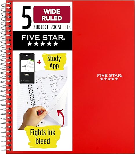 Five Star Spiral Notebook + Study App, 5 Subject, Wide Ruled Paper, 8" x 10-1/2", 200 Sheets, Fights Ink Bleed, Water Resistant Cover