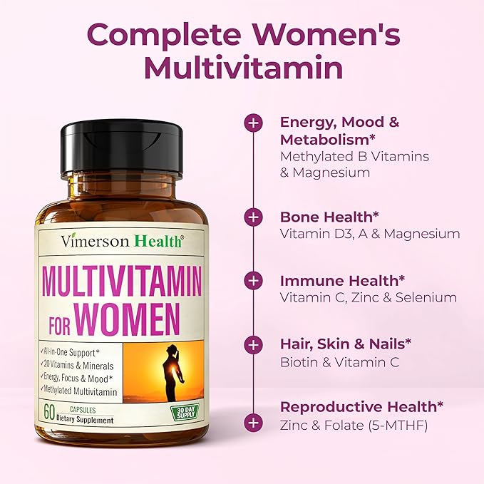 Methylated Multivitamin for Women w/Bioavailable Vitamins, Chelated Minerals, Vitamin D, B12, C, A & Zinc for Energy, Focus and Immune Health – Premium Womens Multivitamins & Multiminerals – 60 Caps
