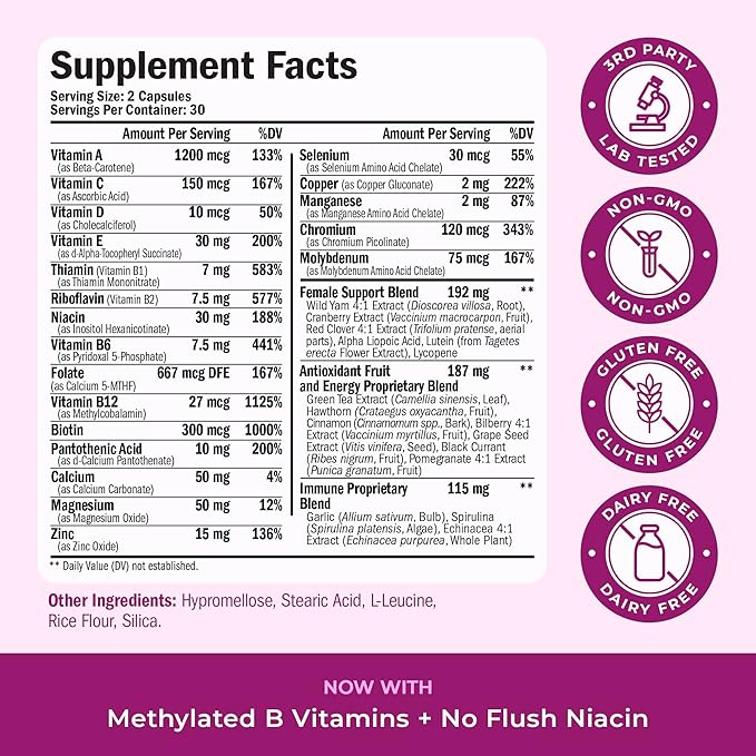 Methylated Multivitamin for Women w/Bioavailable Vitamins, Chelated Minerals, Vitamin D, B12, C, A & Zinc for Energy, Focus and Immune Health – Premium Womens Multivitamins & Multiminerals – 60 Caps Secondary image