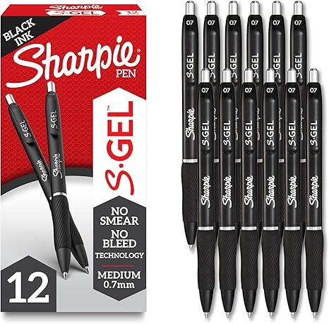 Sharpie S-Gel Gel Pens – Black Barrel, 0.7mm Medium Point, 12 Pack – Smooth Black Ink for Writing, Journaling & Note-Taking