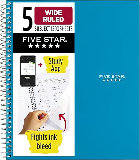 Five Star Spiral Notebook + Study App, 5 Subject, Wide Ruled Paper, 8" x 10-1/2", 200 Sheets, Fights Ink Bleed, Water Resistant Cover
