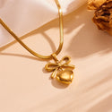 Stainless Steel Peach Heart Bow Necklace Ear Stud Ornament Suit