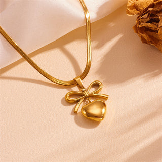 Buy o404-gold-necklace Stainless Steel Peach Heart Bow Necklace Ear Stud Ornament Suit