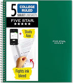 Five Star Spiral Notebook + Study App, 5 Subject, College Ruled Paper, 8-1/2" x 11", 200 Sheets, Fights Ink Bleed, Water Resistant Cover
