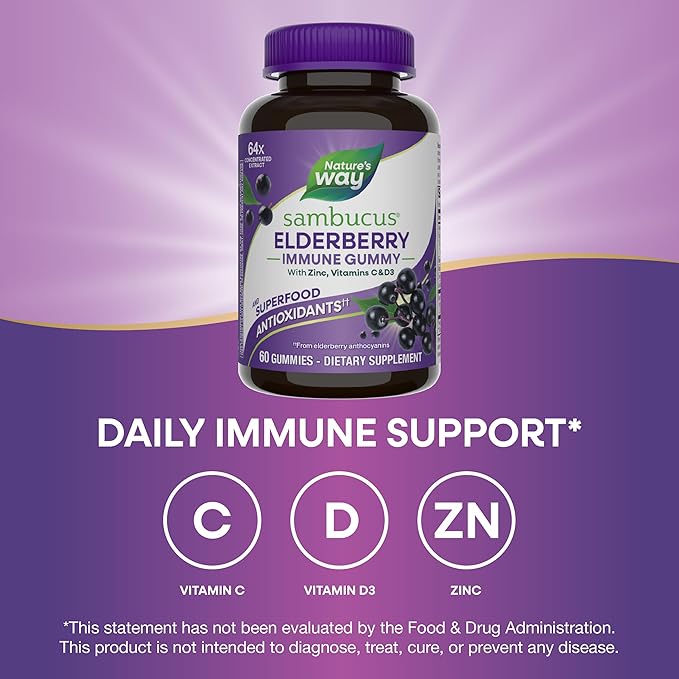 Nature’s Way Sambucus Elderberry Immune Support Gummies for Kids & Adults* with Black Elderberry Extract, Vitamin C, Vitamin D3, and Zinc, 60 Gummies