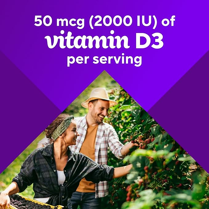 vitafusion Vitamin D3 Gummies, Bone and Immune Support, Peach, Blackberry, Strawberry Flavored, 50 mcg D3 Gummy Vitamin Supplement, 75 Day Supply, 150 Count