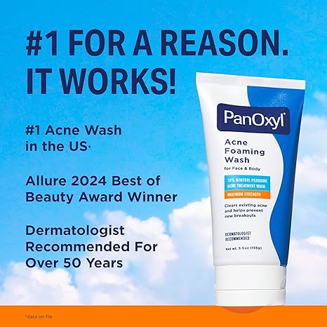 PanOxyl 10% Benzoyl Peroxide Acne Foaming Wash – Maximum Strength Face & Body Cleanser, 5.5 oz