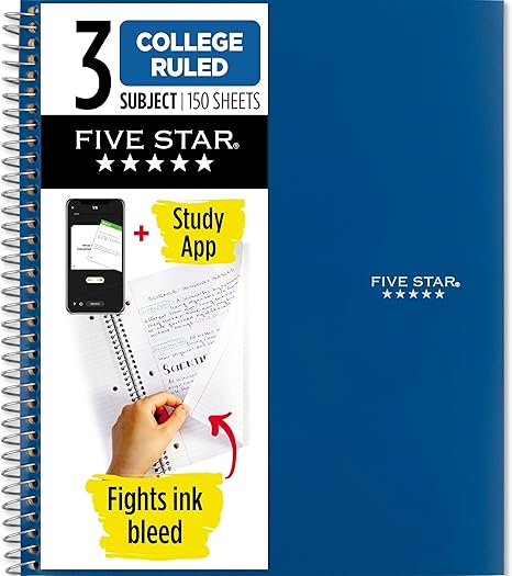 Five Star Spiral Notebook + Study App, 3 Subject, College Ruled Paper, 8-1/2" x 11", 150 Sheets, Fights Ink Bleed, Water Resistant Cover Main image