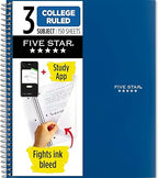 Five Star Spiral Notebook + Study App, 3 Subject, College Ruled Paper, 8-1/2" x 11", 150 Sheets, Fights Ink Bleed, Water Resistant Cover