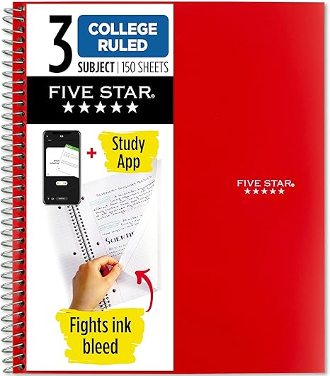 Five Star Spiral Notebook + Study App, 3 Subject, College Ruled Paper, 8-1/2" x 11", 150 Sheets, Fights Ink Bleed, Water Resistant Cover