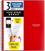 Five Star Spiral Notebook + Study App, 3 Subject, College Ruled Paper, 8-1/2" x 11", 150 Sheets, Fights Ink Bleed, Water Resistant Cover