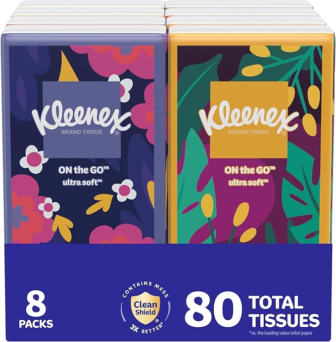 Kleenex On-The-Go Facial Tissues, 8 Packs, 3-Ply, 80 Total Sheets Main image