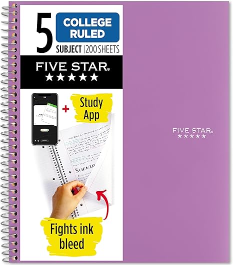 Five Star Spiral Notebook + Study App, 5 Subject, College Ruled Paper, 8-1/2" x 11", 200 Sheets, Fights Ink Bleed, Water Resistant Cover