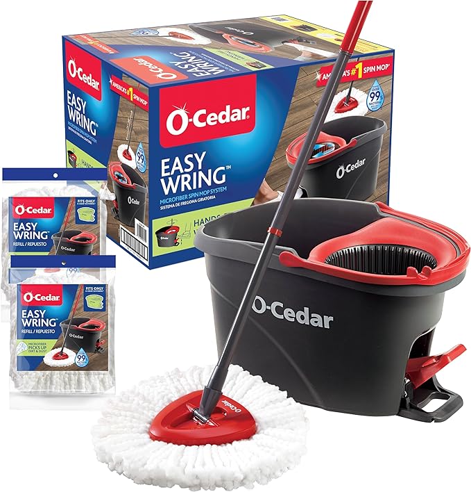 O-Cedar EasyWring Microfiber Spin Mop & Bucket Floor Cleaning System + 2 Extra Refills, Red/Gray Main image
