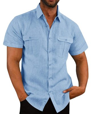 Buy light-blue Men&#39;s Button Short Sleeve Double Pocket Shirt