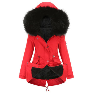 Buy red Women Parka Cotton-padded Mid-length Hooded Jacket:
