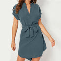 Women V-neck Short Sleeve Dress With Belt