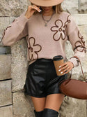 Solid Color Flower Jacquard Knitted Sweater Fashion Pullover