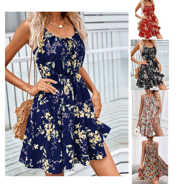 Floral Print Suspender Dress With Elastic Waist Design Fashion Summer Short Dresses