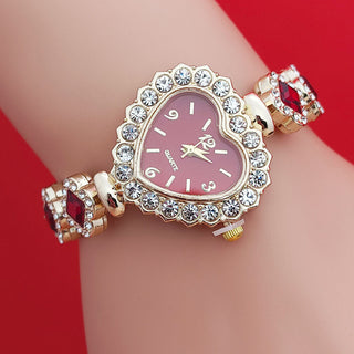 Buy red Fashion Diamond-embedded Love Heart-shaped Bracelet Watch Suit