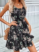 Floral Print Suspender Dress With Elastic Waist Design Fashion Summer Short Dresses