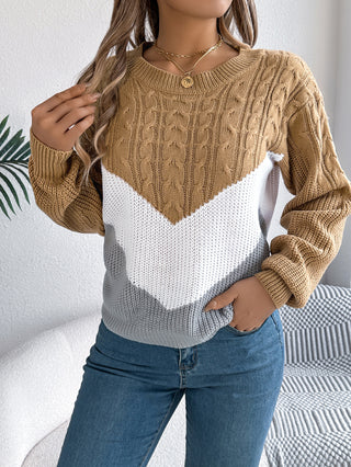 Buy khaki Color Matching Twist Lantern Sleeve Knitted Pullover Sweater