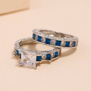 Buy sapphire-blue-kc-gold-wr069 New Simple Retro 2-Piece Set Diamond Love Heart-shaped Ring Suit