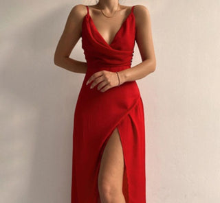 Buy red Women V-neck Summer Fashion Slim Suspender Long Dress