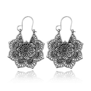 Buy silvery Vintage ethnic style metal openwork floral flower earrings