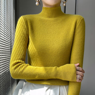 Buy mustard-yellow Warm Long Sleeves Knitted Half Turtleneck Women&#39;s Base Shirt