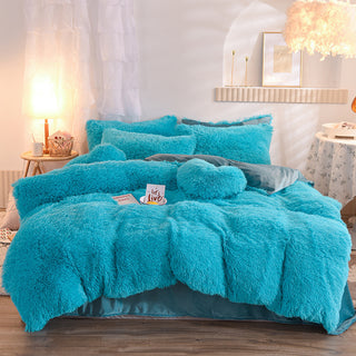 Buy blue Luxury Thick Fleece Duvet Cover Queen King Winter Warm Bed Quilt Cover Pillowcase Fluffy Plush Shaggy Bedclothes Bedding Set Winter Body Keep Warm