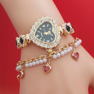 Buy black-watch-bracelet Fashion Diamond-embedded Love Heart-shaped Bracelet Watch Suit