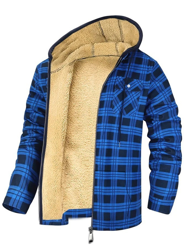 Men's Plaid Print Hooded Zip-Up Jacket Winter Thickened Cotton-padded Coat Warm Clothing