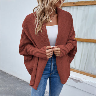 Buy red New Loose Knitted Sweater Solid Color Bat Sleeve Large Lapel Cardigan