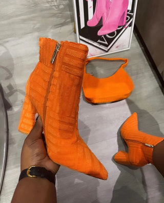 Buy orange European And American Leisure Chunky Heel High Heel Pointed Boots Solid Color Towels Fabric