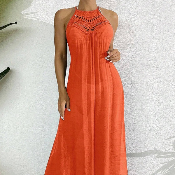 Women Summer Holiday Hollow Out Dress With Halter Neck