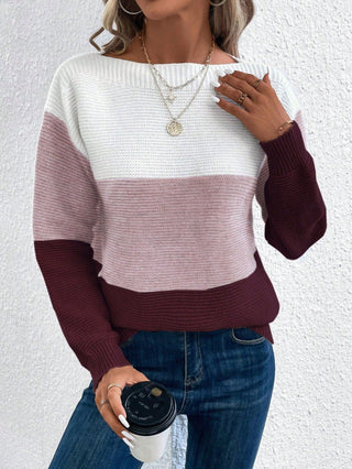 Buy lotus-root-color Pullover Knitted Sweater Fashion Round Neck Splicing Knitwear Loose Top Women&#39;s Clothing