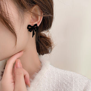 Buy yz502-bow-flocking-black Silver Pin Earrings Autumn And Winter Flocking Bow