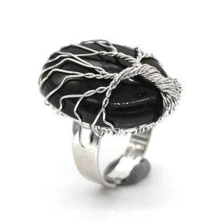 Buy black-agate European And American Fashion Exaggerated Natural Crystal Denier Silver Plated Winding Lucky Tree Adjustable Ring