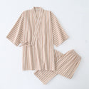 Cotton Washed Pajamas Suit Thin Striped Men's And Women's Japanese Couple Kimono Trousers Homewear Suit