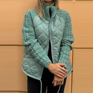 Buy lake-blue Stand Collar Cotton Jacket With Pockets Fashion Knitted Stitching Zipper Coat Winter Warm Tops For Women