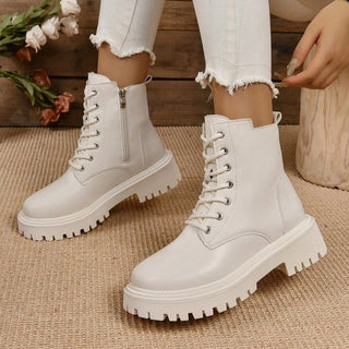 Buy white Martin Boots Women&#39;s British Style Fleece-lined Square Heel Platform