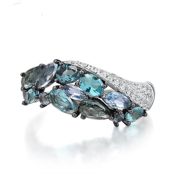 Women's Silver Inlay Sea Blue Zircon Ring