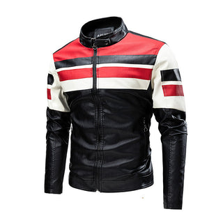 Buy brick-red Motorcycle Stitching Leather Jacket Men Stand Collar Retro