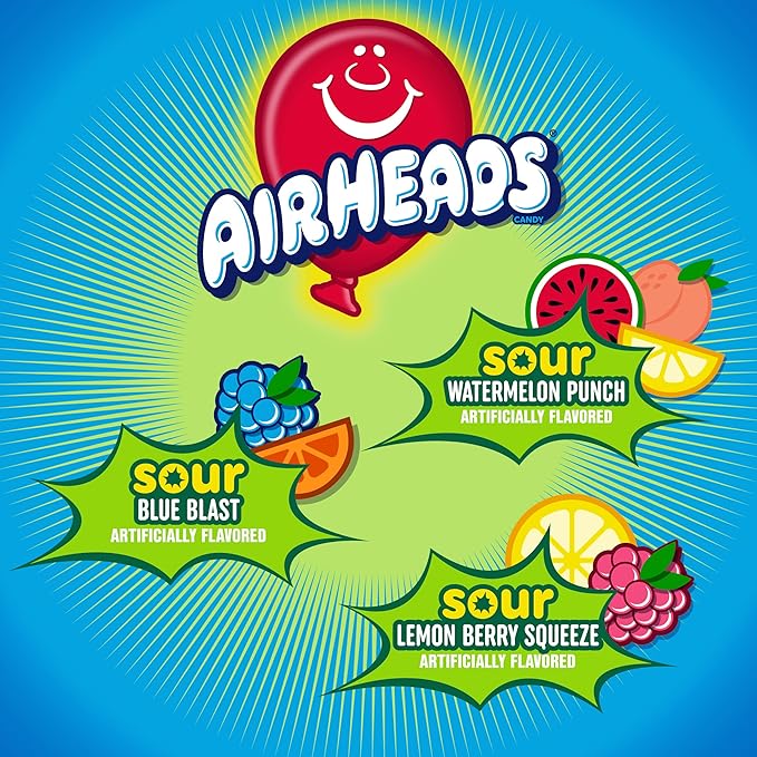 Airheads SOUR Candy Bars, Sour Watermelon Punch, Blue Blast, Lemon Berry Squeeze, 9 Bar Movie Theater Box