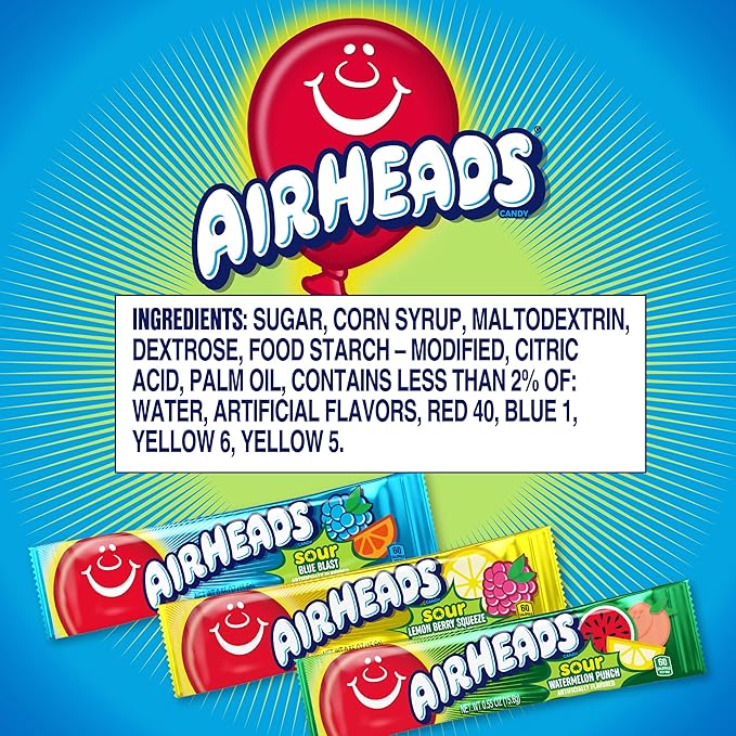 Airheads SOUR Candy Bars, Sour Watermelon Punch, Blue Blast, Lemon Berry Squeeze, 9 Bar Movie Theater Box
