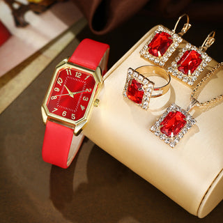 Buy red-4-pcs-set Leather Women&#39;s Watch Square Quartz Watch Korean Necklace Earrings Ring Set