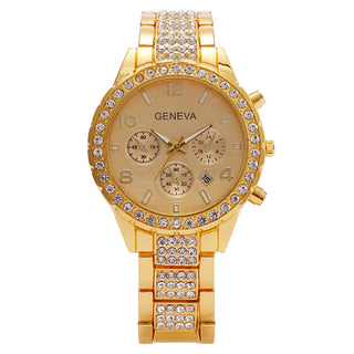 Buy gold Women&#39;s Fashion Diamond Digital Calendar Three Eyes Quartz Watch